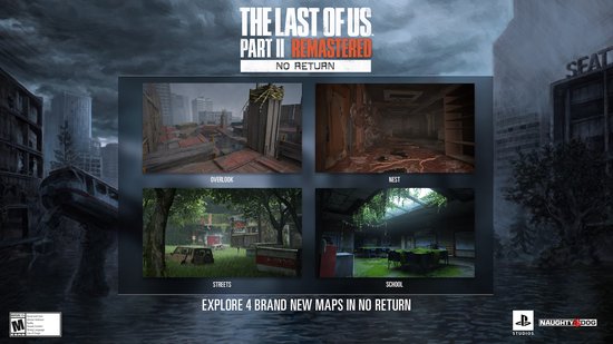 Gameplay screenshots van "The Last of Us Part II Remastered" met vier nieuwe maps: Overlook, Nest, Streets en School.