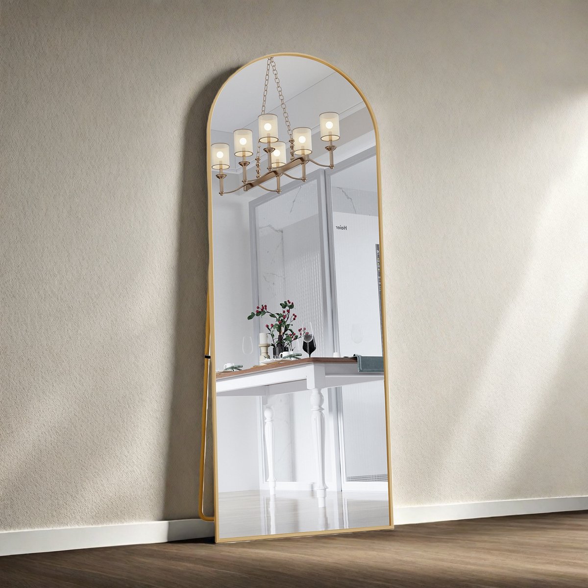 Staande Spiegel 162x53 cm, Volledig Lichaamsspiegel met Goud Gebogen Frame, Verstelbaar en Anti-Slip, Moderne Staande Passpiegel