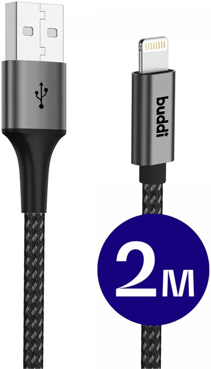 Buddi Flex | USB-A naar Lightning Kabel 12W Fast Charge | 480Mbps Dataoverdracht | Gevlochten Nylon | 2M | 2 Meter | Zwart
