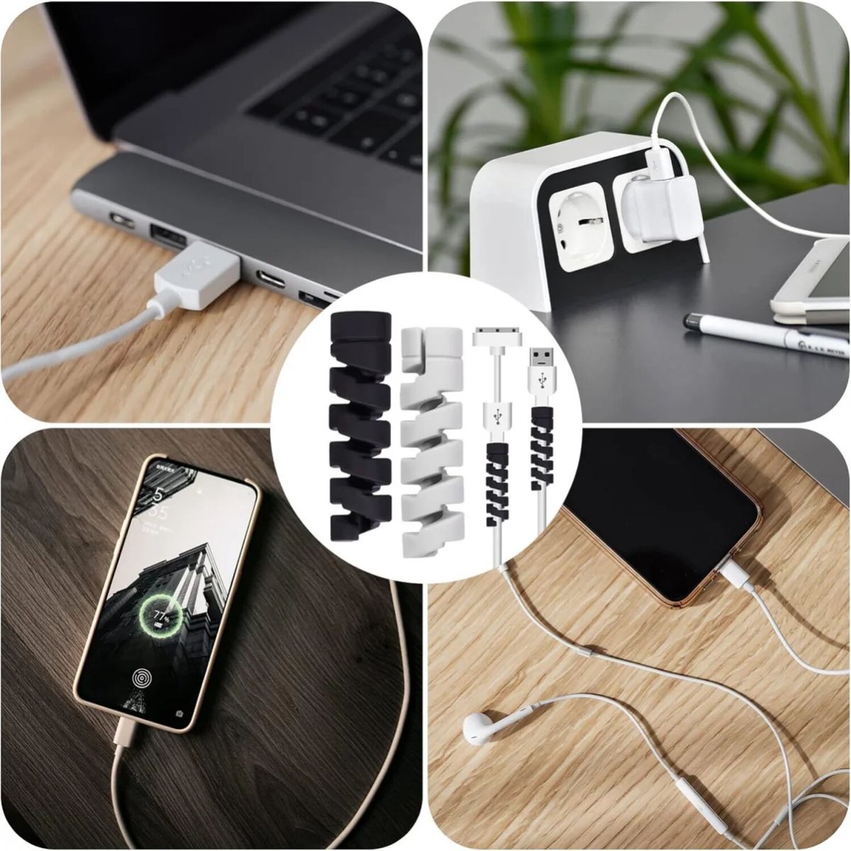 Flexibele siliconen kabelbeschermers 12-pack zwart wit, universeel voor USB-C, Lightning, iPhone, laptop kabels - Afbeelding 3