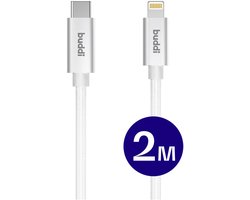 Buddi Flex | USB-C naar Lightning Kabel 20W Fast Charge | Power Delivery | 480Mbps Dataoverdracht | Gevlochten Nylon | 2M | 2 Meter | Wit