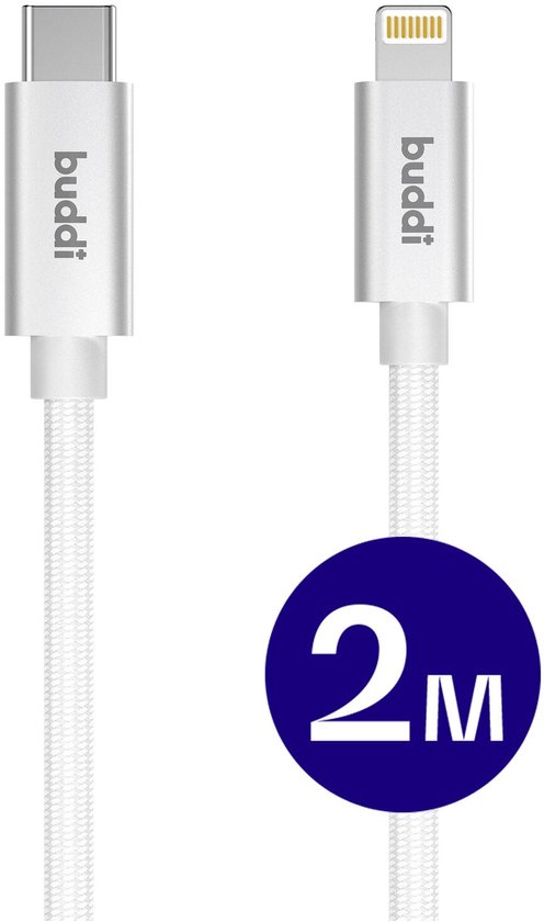 Witte 2 meter lange Buddi USB-C naar Lightning oplaadkabel.