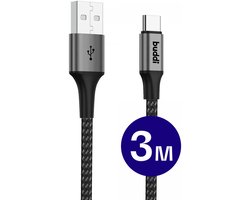 Buddi Flex | USB-A naar USB-C Kabel 12W Fast Charge 5V/2.4A | 480Mbps Dataoverdracht | Gevlochten Nylon | 3M | 3 Meter | Zwart