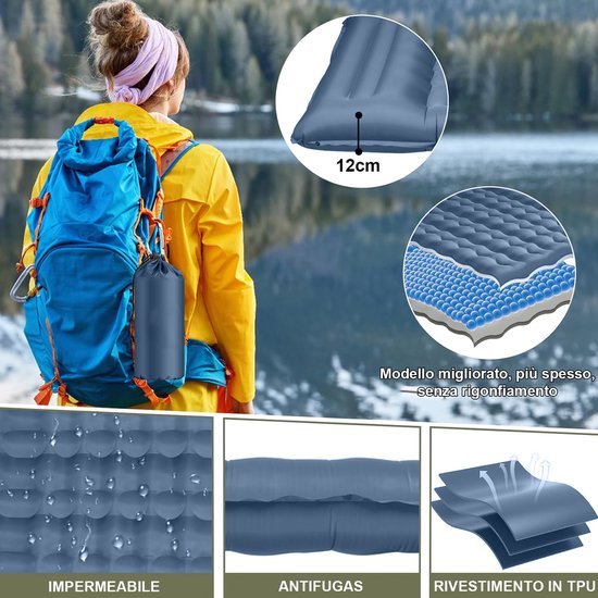 GOODEVN Slaapmat zelfopblazend 197 x 71 cm - Ultra Dik 12 cm Luchtbed met Ingebouwde Voetpomp - Draagkracht tot 200 kg - Camping matras - Slaapmatje - Blauw van Merkloos — afbeelding 5