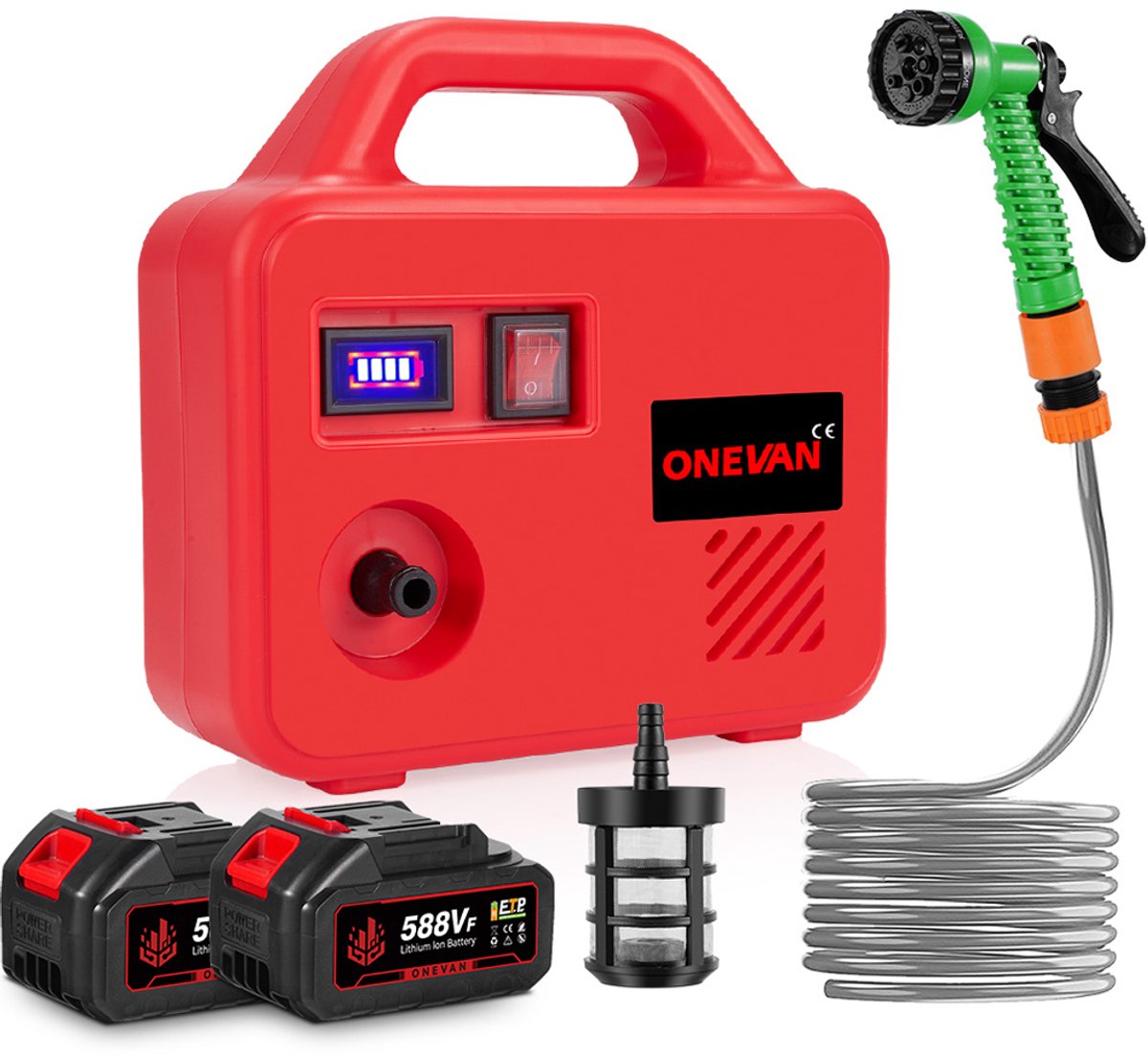 ONEVAN Elektrisch Sproeipistool - Sproeikop - broespistool & spuitstuk - met 2x Accu's - 6 Spuitstanden - voor tuin, erf, gazon
