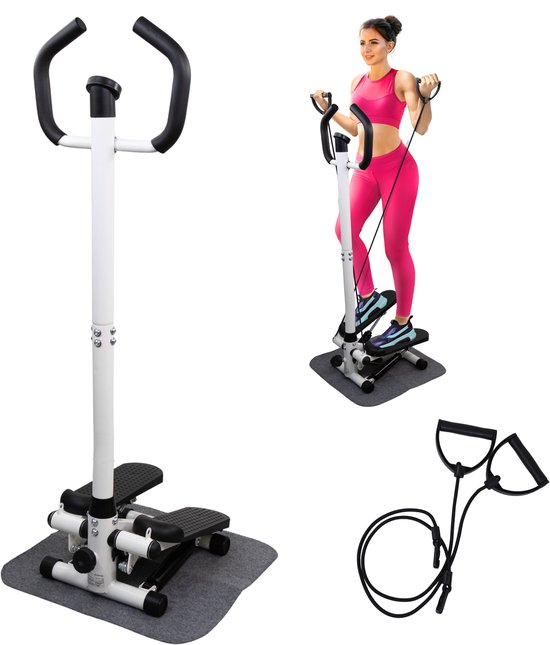 Mobiclinic Step-Pro - Stepper - Met armen - Swing stepper - Met handgreep - Fitness Apparaat - Weerstandsbanden - In hoogte verstelbaar - Instelbare intensiteit - LCD-scherm - Tot 150 kg - Compact - Wit