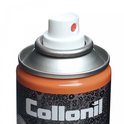 Close-up van de spuitmond van een Collonil Carbon Pro spuitbus. Zilveren ring en witte spuitmond met rode stip.