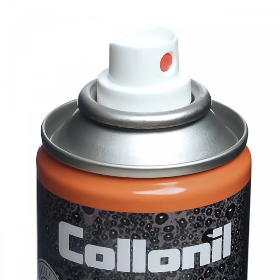 Close-up van de spuitmond van een Collonil Carbon Pro spuitbus. Zilveren ring en witte spuitmond met rode stip.