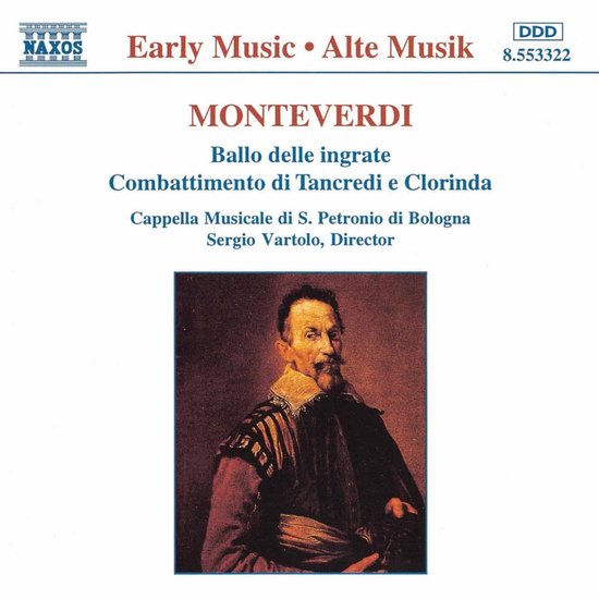Portret van Claudio Monteverdi, met snor en bakkebaarden, in een bruine en rode jas met versierde kraag.