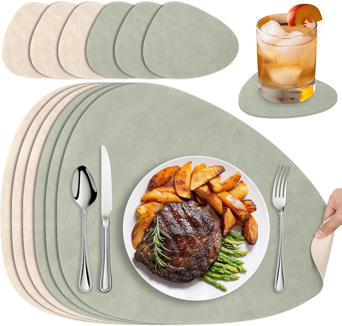 Set van 6 ovale placemats, afwasbaar, 33x41 cm, leer en antislip