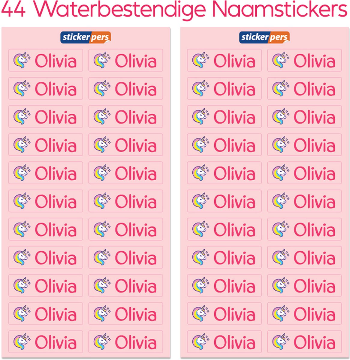 44x Naamstickers kinderen met eigen ontwerp - 50 x 15 mm - Waterbestendige naamlabels - Vinyl sticker - Roze