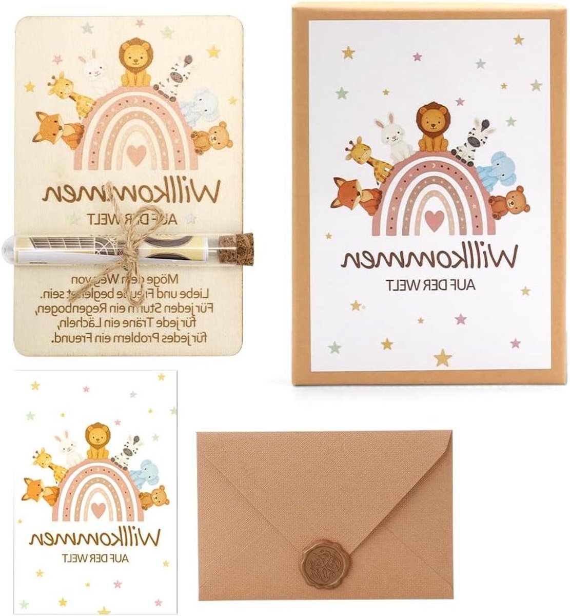 Gepersonaliseerde geschenkdoos voor geboorte en babyshower - reageerbuizen en houten decoraties - babycadeau jongen en meisje - uniek en persoonlijk babygeschenk met kaart