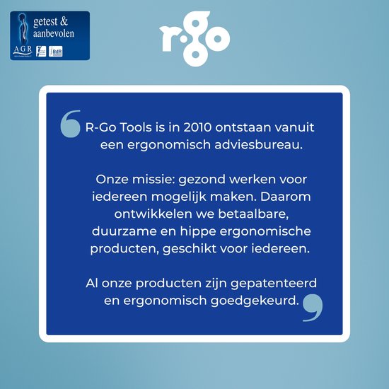 Blauwe achtergrond met tekst over R-Go Tools, hun missie en gecertificeerde producten.