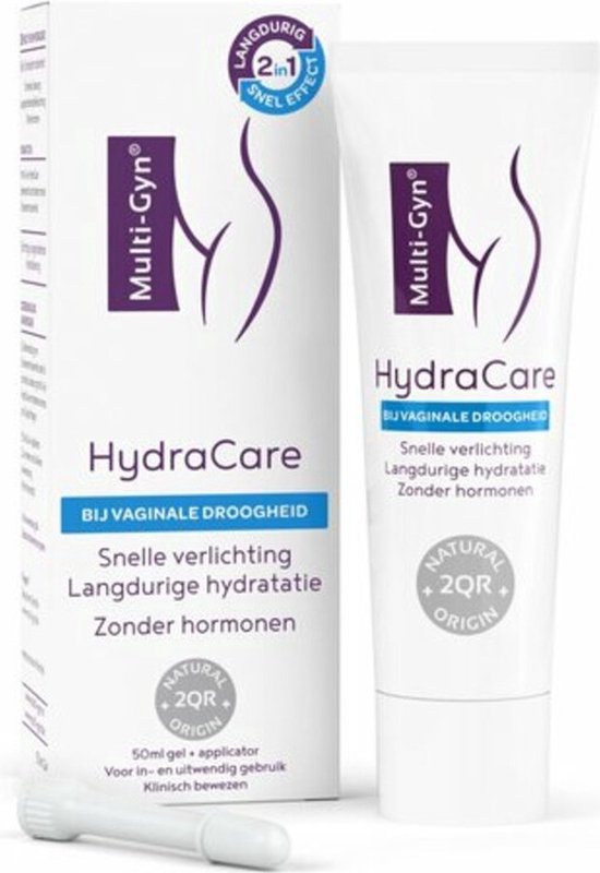 Doos en tube Multi-Gyn HydraCare crème, met tekst over snelle verlichting, langdurige hydratatie en zonder hormonen.