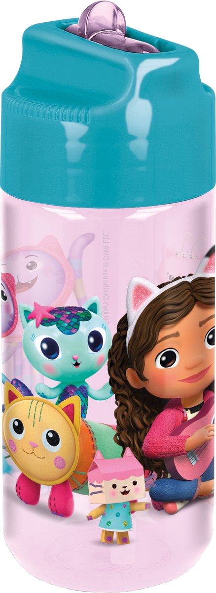 Gabby's Poppenhuis Tritan Drinkfles - 430 ml – Vaatwasserbestendig & BPA-vrij - Drinkfles voor kinderen – Transparant roze/Lichtblauw