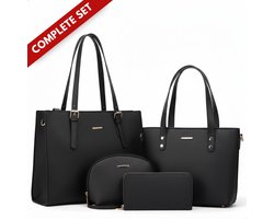 Boncy® Luxe Handtassen Set Dames - Tassen met rits Inclusief Handtas Shopper Schoudertas Etui & Portemonnee clutch - Schooltassen Klein en Groot - School Shoppers Tas - Damestas Schooltas van Synthetisch Leer Zwart