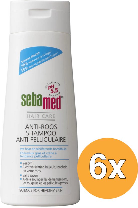 Witte Sebamed Anti-Roos Shampoo fles van 200 ml, met groene en rode tekst. Zes flessen op de achtergrond.