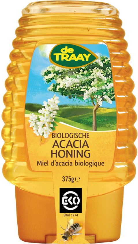 Gele fles honing met een geel label met een acacia boom en witte bloesems. De tekst luidt 'Biologische Acacia Honing' en een bij.