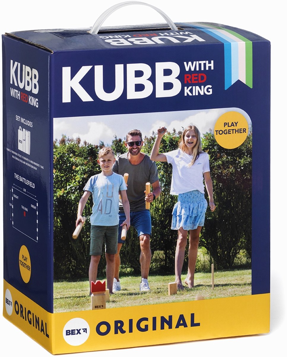 Bol.com Bex Kubb Original – Zweeds Vikingschaak – Premium Buitenspel – Massief Rubberhout – Koning Met Rode Kroon – Vanaf 8 Jaar... aanbieding