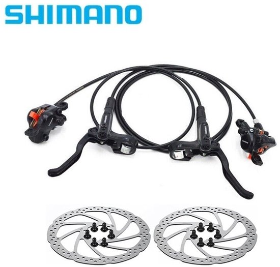 Shimano hydraulische schijfremmen met zwarte hendels, oranje remklauwen en twee 160mm remschijven.