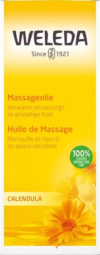 Gele verpakking met Weleda logo, 'Massageolie' en 'Calendula' in het Nederlands en Frans. Zijaanzicht met bloemen.