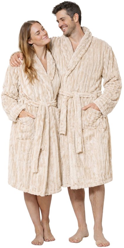 Badjas rib - badjas geribbelde teddy stof – Badjas Dames – Badjas Heren – Sjaalkraag – fleece - fluweelzacht – extreme luxe - Beige - Xl/XXL