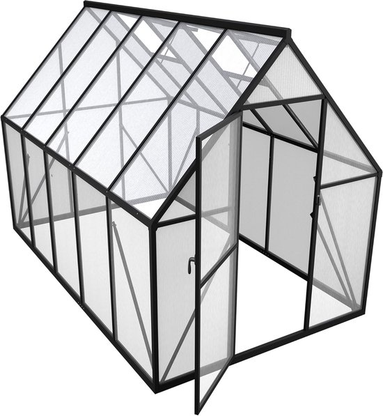 Een lege, open broeikas met een zwart aluminium frame en doorzichtige polycarbonaat panelen.