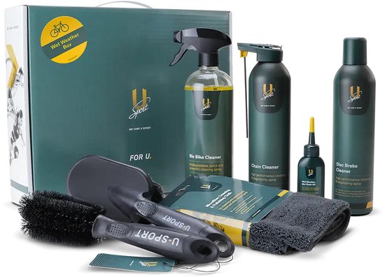 U-Sport Wet Weather Bike Care Box - Compleet Fietsonderhoud Pakket - Tegen Modder & Roest - Inclusief Borstels & Wet Weather Oil - 7-delig