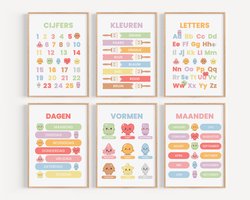 Alfabet Poster Set – 6 Educatieve Kinderkamer Posters (Letters leren, Cijfers leren & Kleuren, 30 x 40 cm, Biotop 300 g/m²) - Studio Miron
