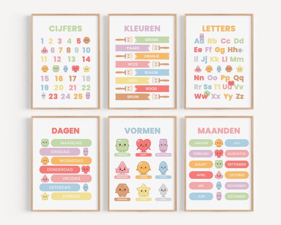 Alfabet Poster Set – 6 Educatieve Kinderkamer Posters (Letters leren, Cijfers leren & Kleuren, 30 x 40 cm, Biotop 300 g/m²) - Studio Miron