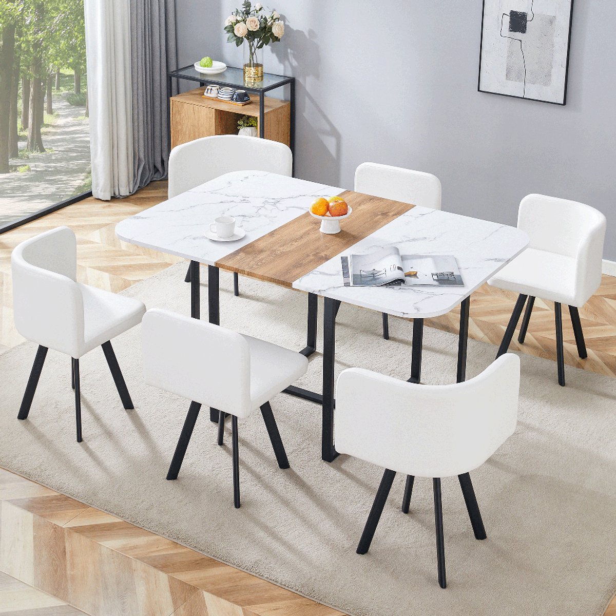 BLACKCOLORS Eetkamer set Eetkamer set met uitschuifbare tafel en klapstoelen - wit oppervlak + zwart metalen frame, geschikt voor eetkamers voor 4 tot 6 personen in de keuken en woonkamer