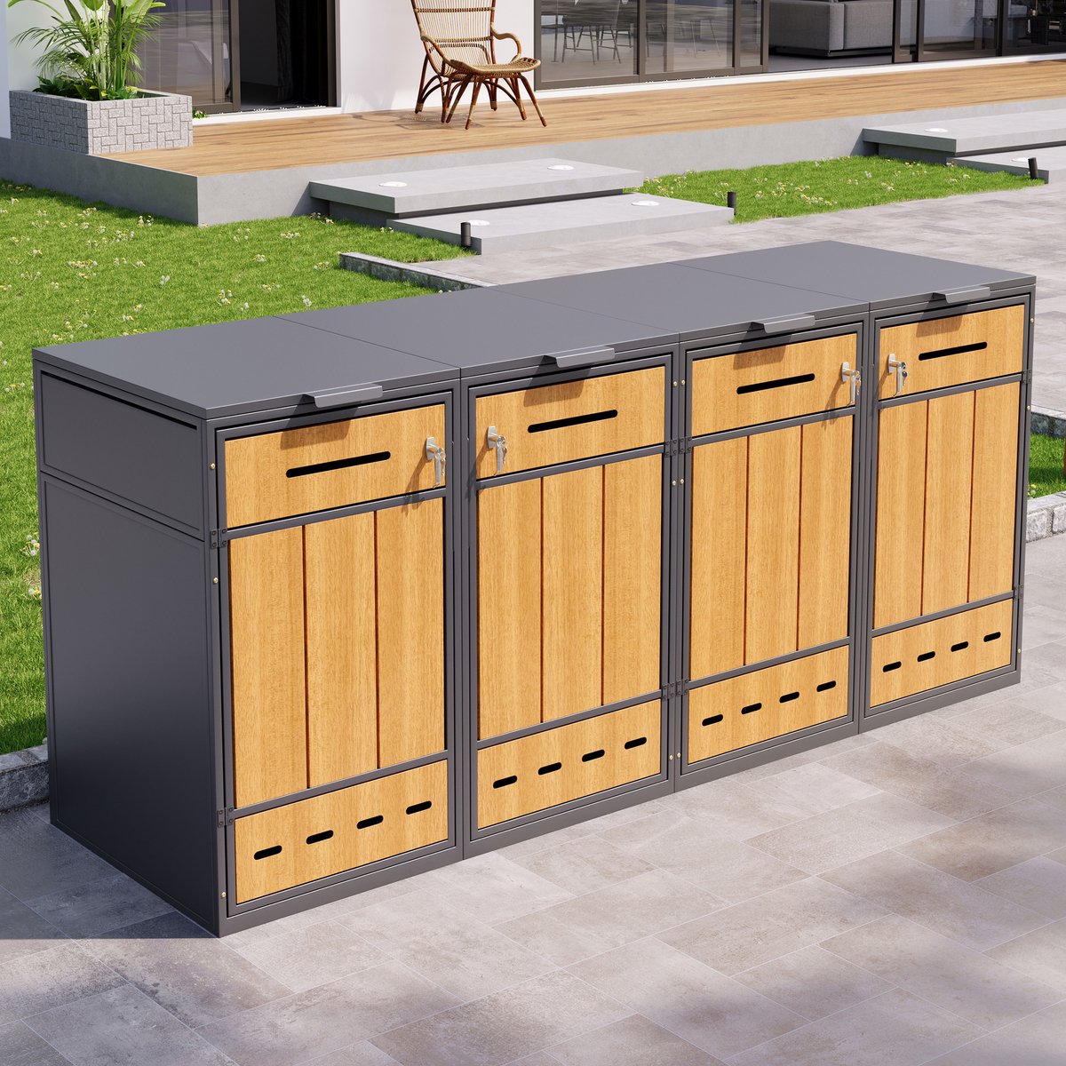 OKWISH Afvalcontainer Ombouw Voor 4 Containers - Klapdeksel En Voordeur - Met Ventilatiegaten - Staal - Grijs Hout
