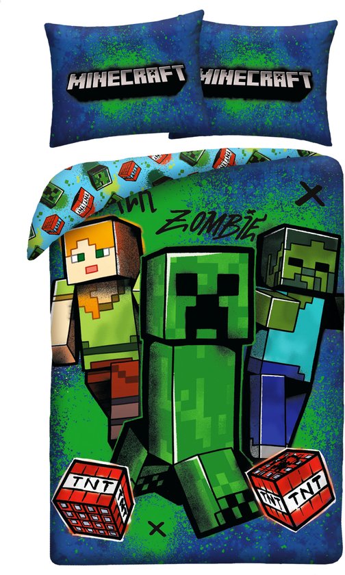 Minecraft dekbedovertrek met Alex, Creeper en Zombie. Bladzijde met "ZOMBIE". Twee kussenslopen met "MINECRAFT" logo.