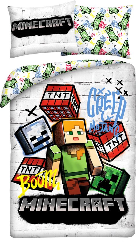 Dekbedovertrek met Minecraft-thema: Steve, Creeper, TNT-blokken en graffiti op een witte bakstenen achtergrond.