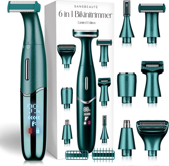 Groene Sansbeauté 6-in-1 bikinittrimmer met digitaal display en zeven accessoires, inclusief scheerkop en precisietrimmer.