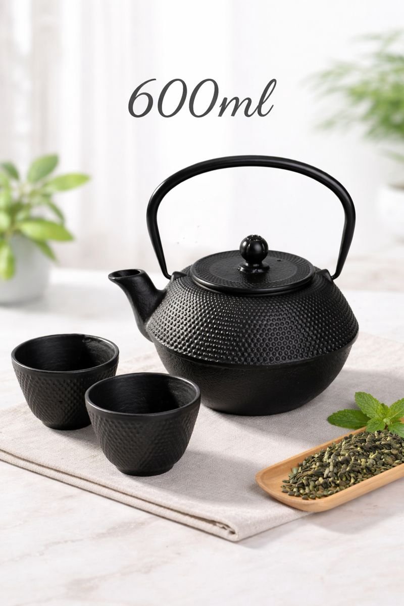 Afecto – Gietijzeren Theeset – Inclusief Theepot, Kopjes & RVS Theefilter – Luxe Theeset voor Losse Thee – Zwart- 600ml