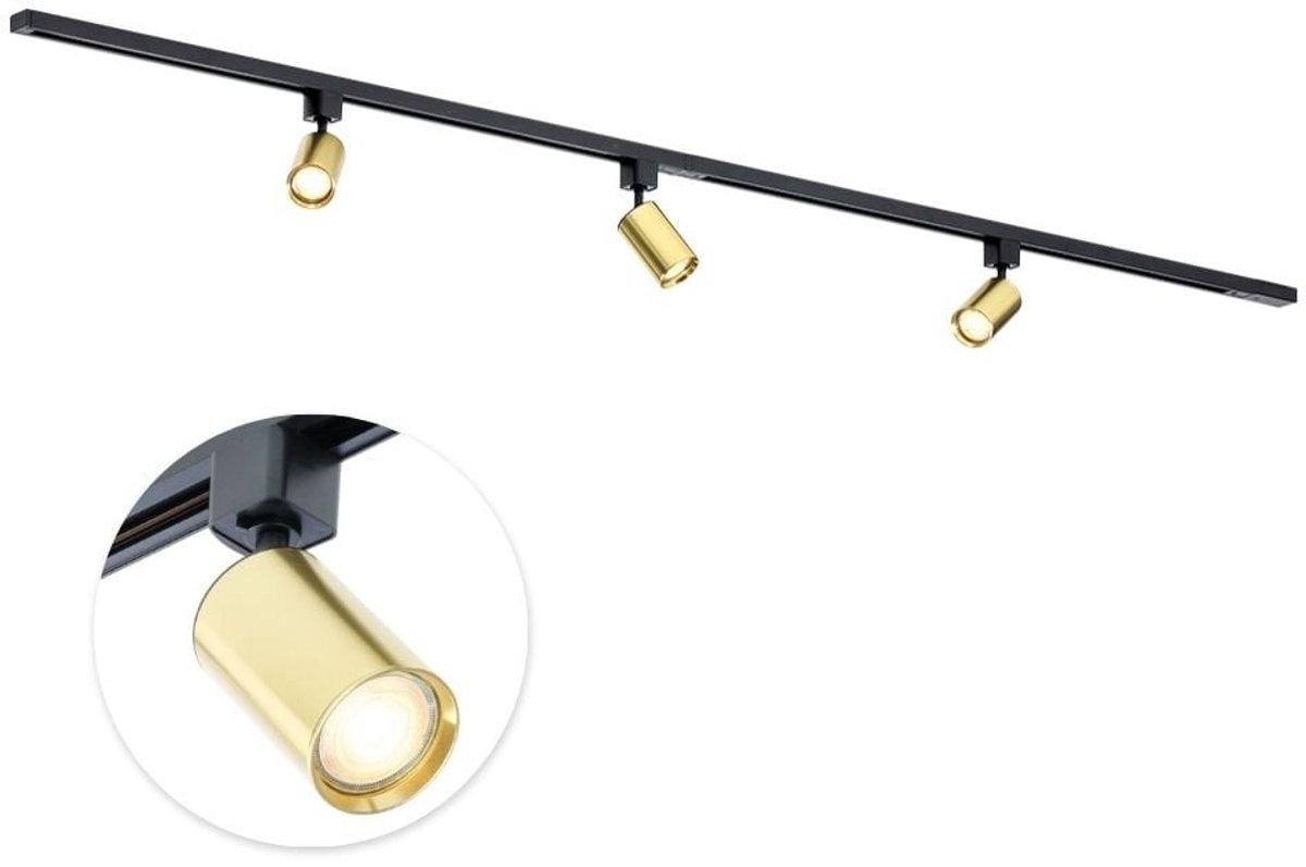 Qub Focus Railverlichting - Goud/Zwart - 200 cm - I-Vorm - 3x GU10 Spots - Dimbaar - Complete Set