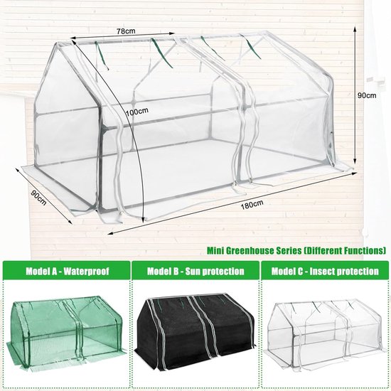 Dubbele mini-kas met afmetingen: 180x90x90cm. Opties: waterdicht, zonwering, insectenwering.