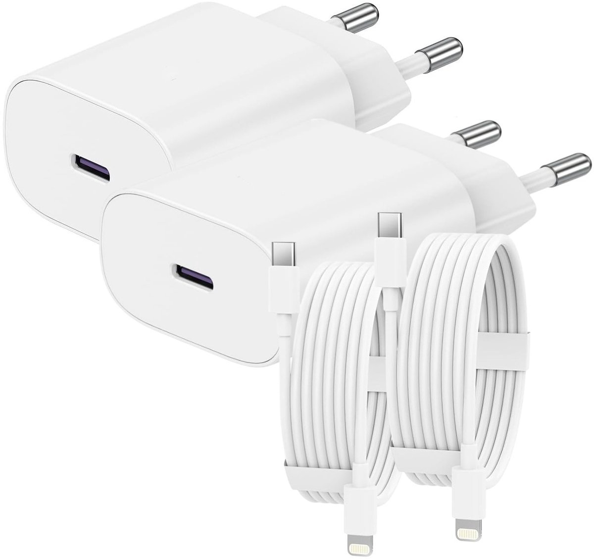Viewr 2x 30W Snellader - Lightning Oplader - USB C Adapter Inclusief Oplaadkabel - Super Snel Lader - Geschikt voor alle Apple Lightning devices - Inclusief 1m Lightning kabel - Geschikt voor iPhone & Airpods & iPad - 2 Stuks