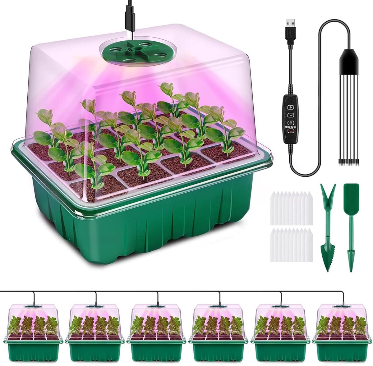 Famanu – Mini-broeikas voor planten met lamp - 6 stuks - broeikas voor kweekzaailingen met timing controller - instelbare helderheid - verdikking zaaibox met verhoogd deksel