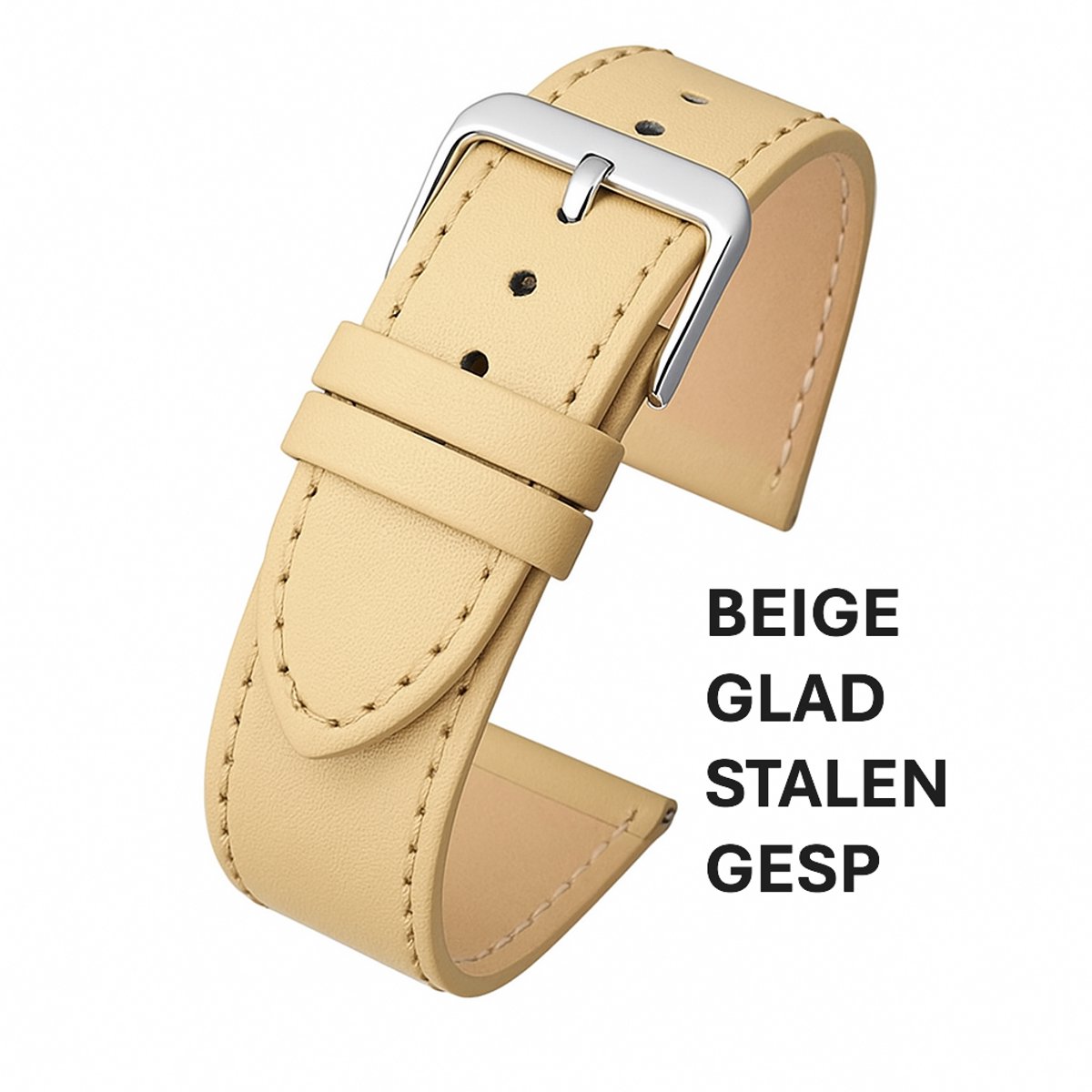 Horlogeband-horlogebandje-18mm-CREME-crème - beige-gestikt-echt leer-plat- stalen gesp-leer-18 mm