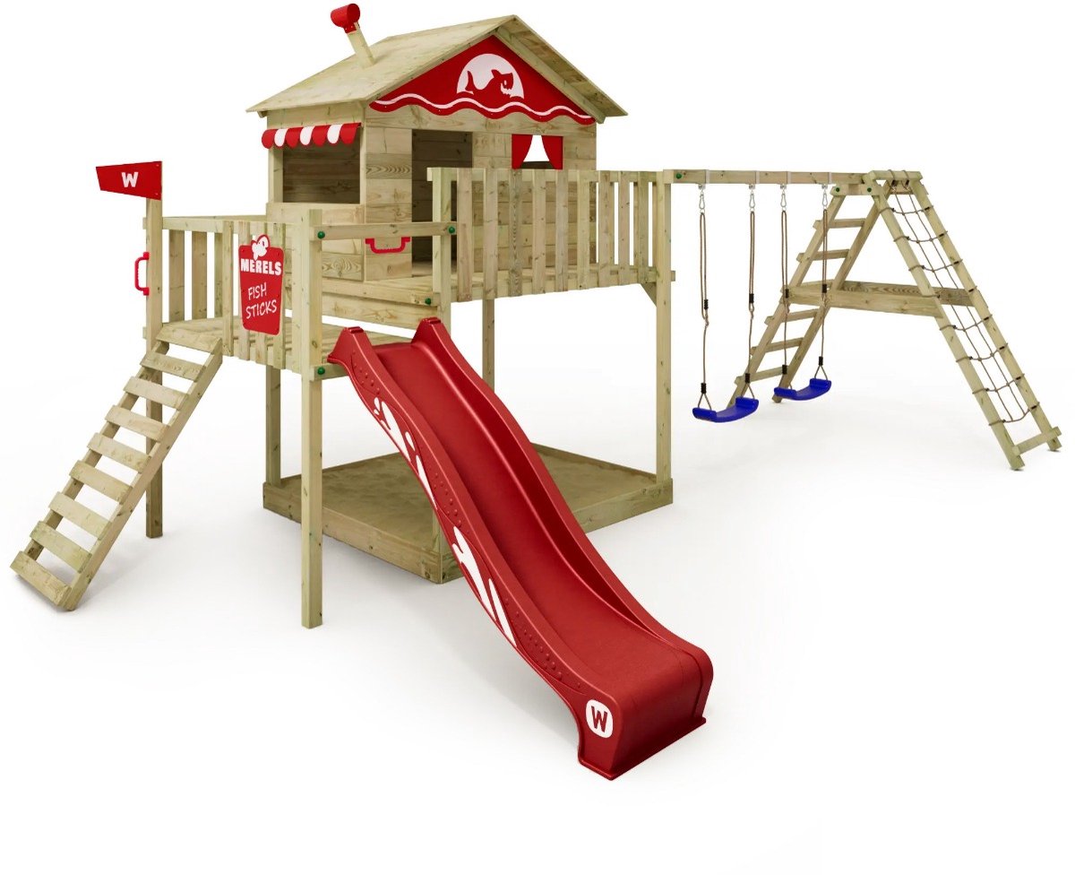 Wickey Smart Ocean Speeltoestel - Dubbele schommel met Glijbaan en Speelhuisje - Klimnet & Winkel - 630x389x305 cm - Rood