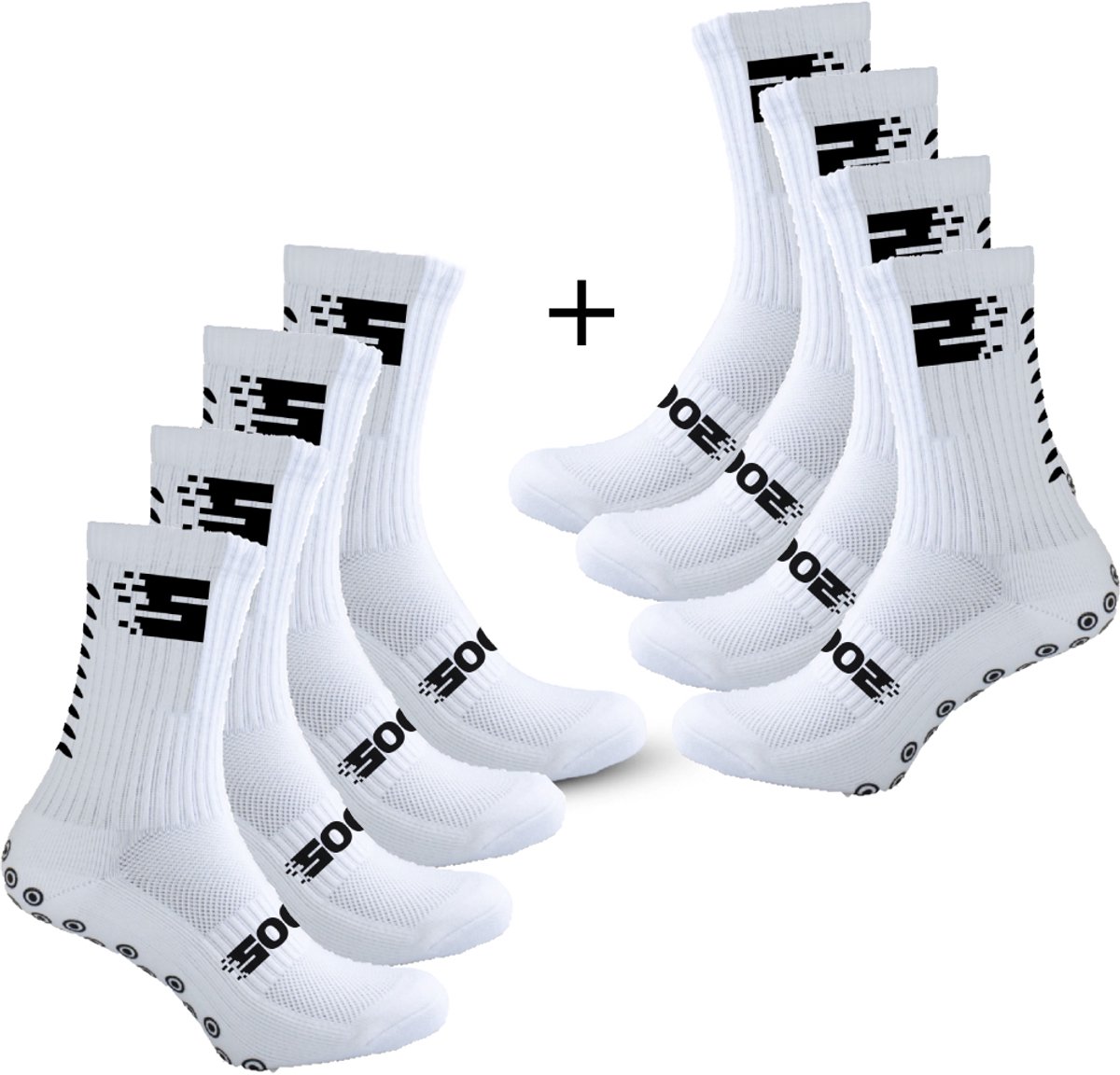 Vier paar witte SOCKZ gripsokken met antislip, ontworpen voor maximale grip en controle tijdens het voetballen.