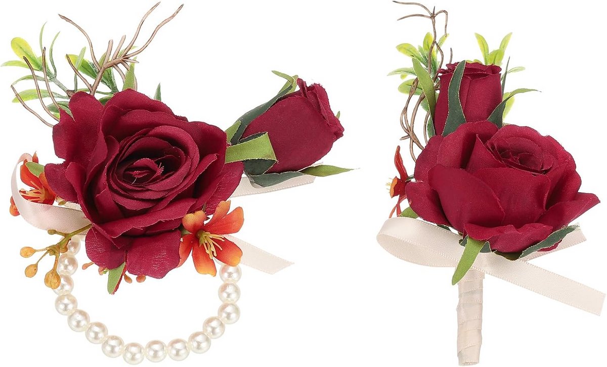 Bruiloft Corsage en Boutonnière Set - Rode Kunstbloemen voor Formele Gelegenheden