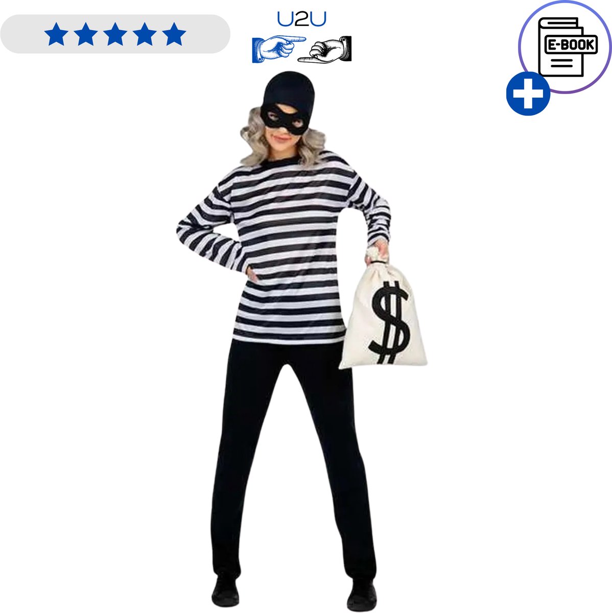 My Other Me - Boevenpak volwassenen maat S - compleet verkleedpak met shirt masker blinddoek hoed en tas klassiek dief thema carnaval Halloween themafeest comfortabele pasvorm herkenbare look aantrekken praktisch en volledig kostuum - Met Ebook