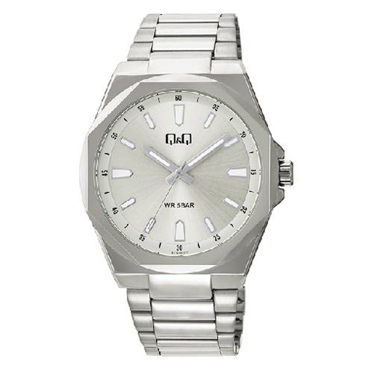 QQ-heren horloge-model q11c-001py-zilverkleurig-overzichtelijke wijzerplaat-diameter 42 mm-5 bar waterdicht-8 hoekig