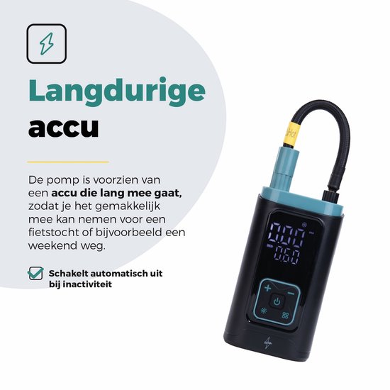 Voltano Elektrische Bandenpomp / Fietspomp Voor Auto / Motor / Scooter - Zwart / Ijsblauw - Draagbare Luchtcompressor - Voorgeprogrammeerde Standen - Pomp Tot 10,3 BAR - Incl. Opzetstukken Presta, Schader, Hollands Ventiel En Meer van Voltano — afbeelding 5