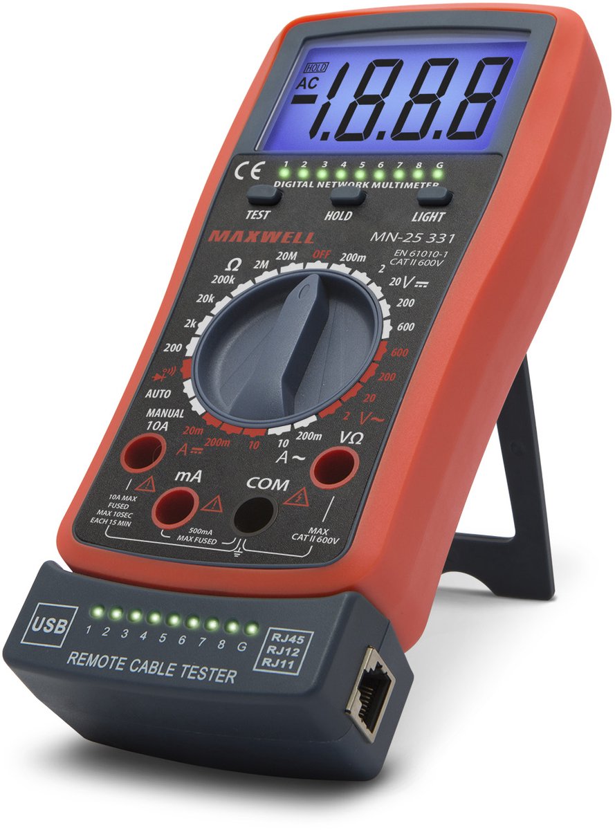 Digitale Multimeter met Kabeltester - 2-in-1 - Auto Range - RJ11, RJ12, RJ45, USB - 600V - 10A - Achtergrondverlichting [25331]