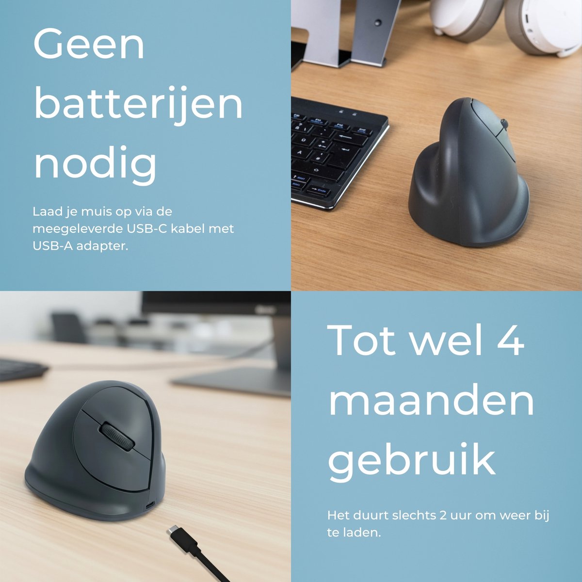 R-Go Ergonomische Verticale Muis HE Basic - Bluetooth - Draadloos en Oplaadbaar - Rechtshandig - Maat M - Grijs (Outlet) thumbnail 6