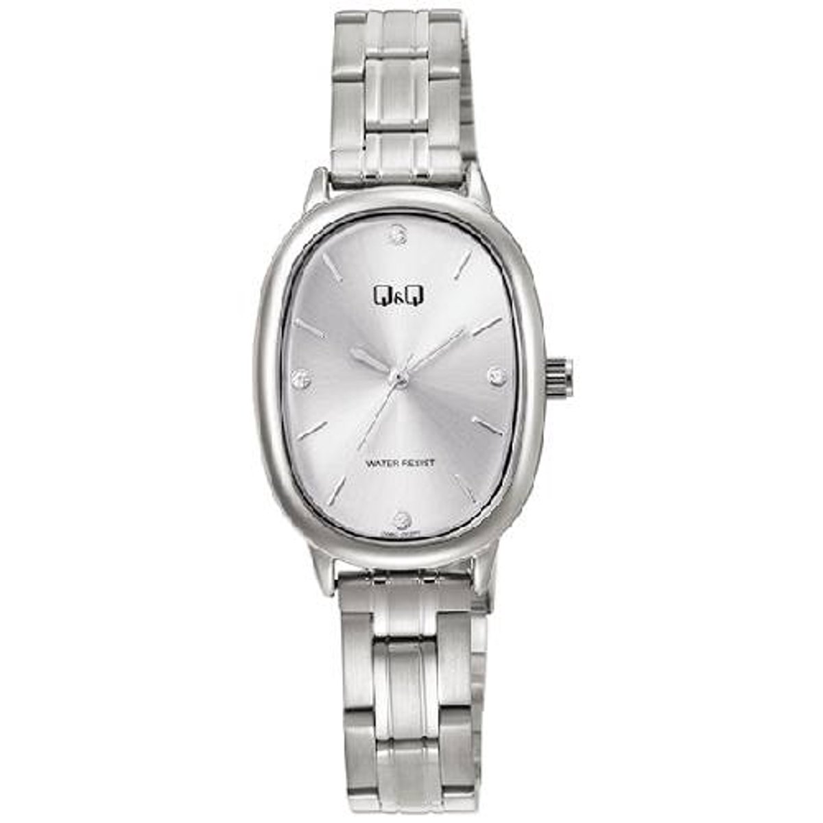 QQ-dames horloge-model q06c-002-ovaal-zilverkleurig-kristal-afmeting 26 x 33 mm-3 bar waterdicht